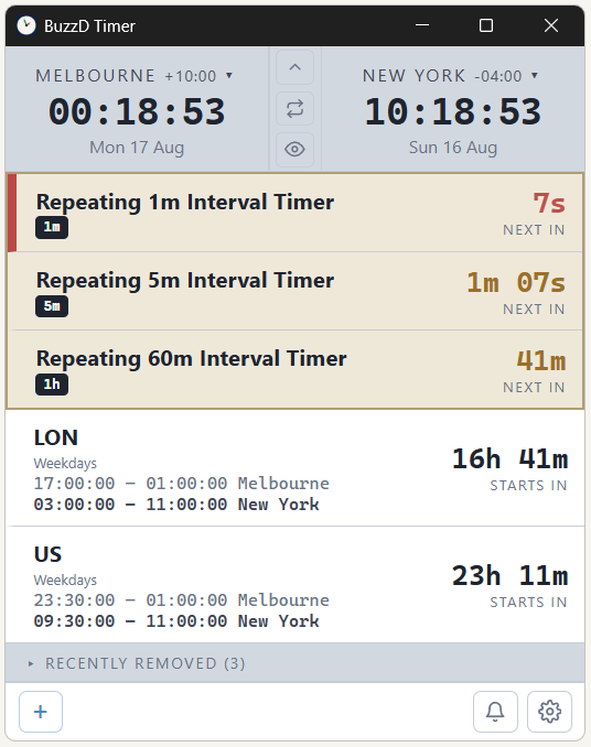 BuzzD Timer app window showing countdown events