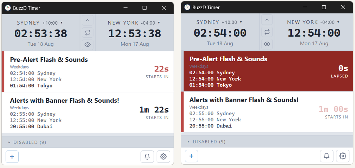 BuzzD Timer pre-alert and at-time flash and sound alerts