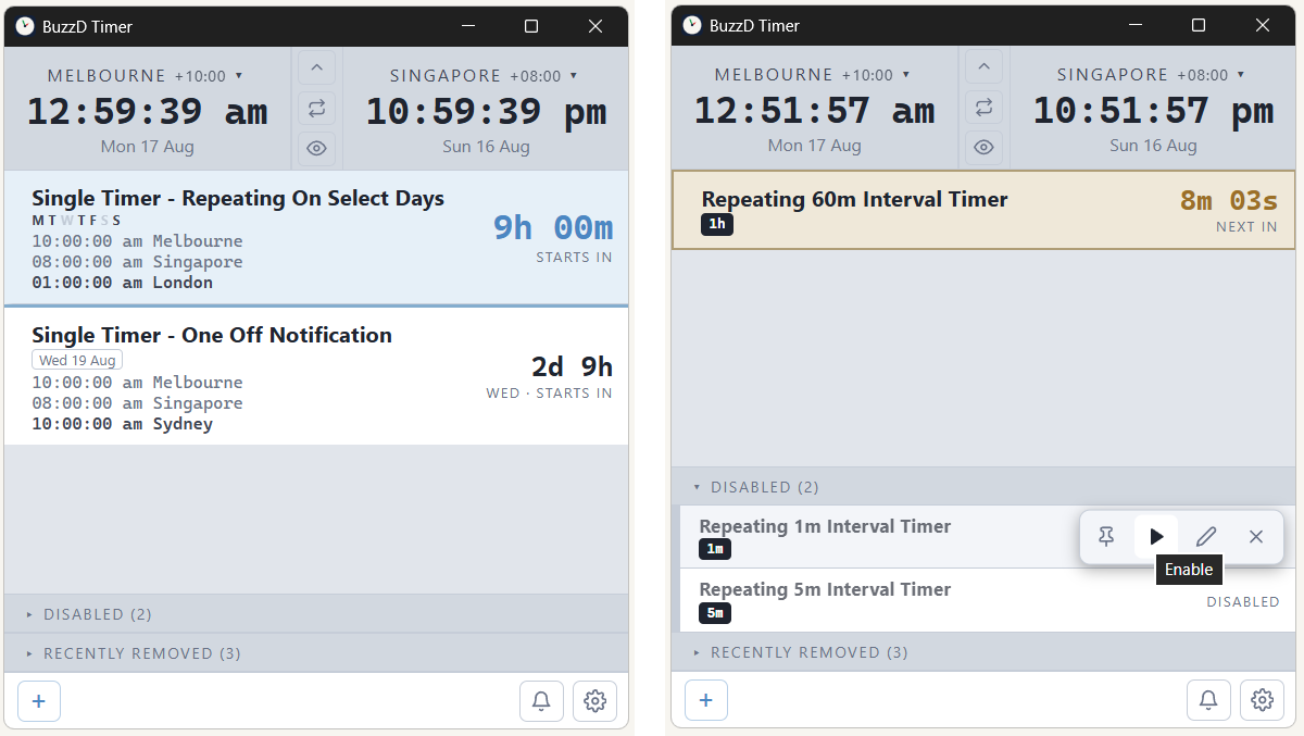 BuzzD Timer scheduling options shown together