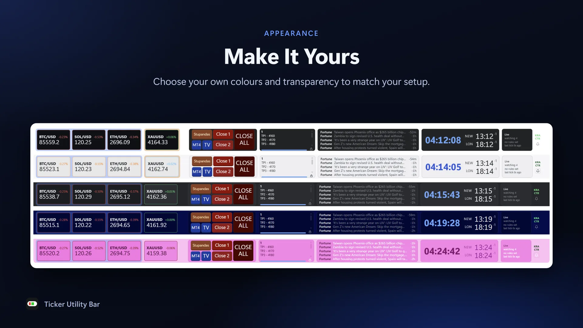The bar in five colour schemes