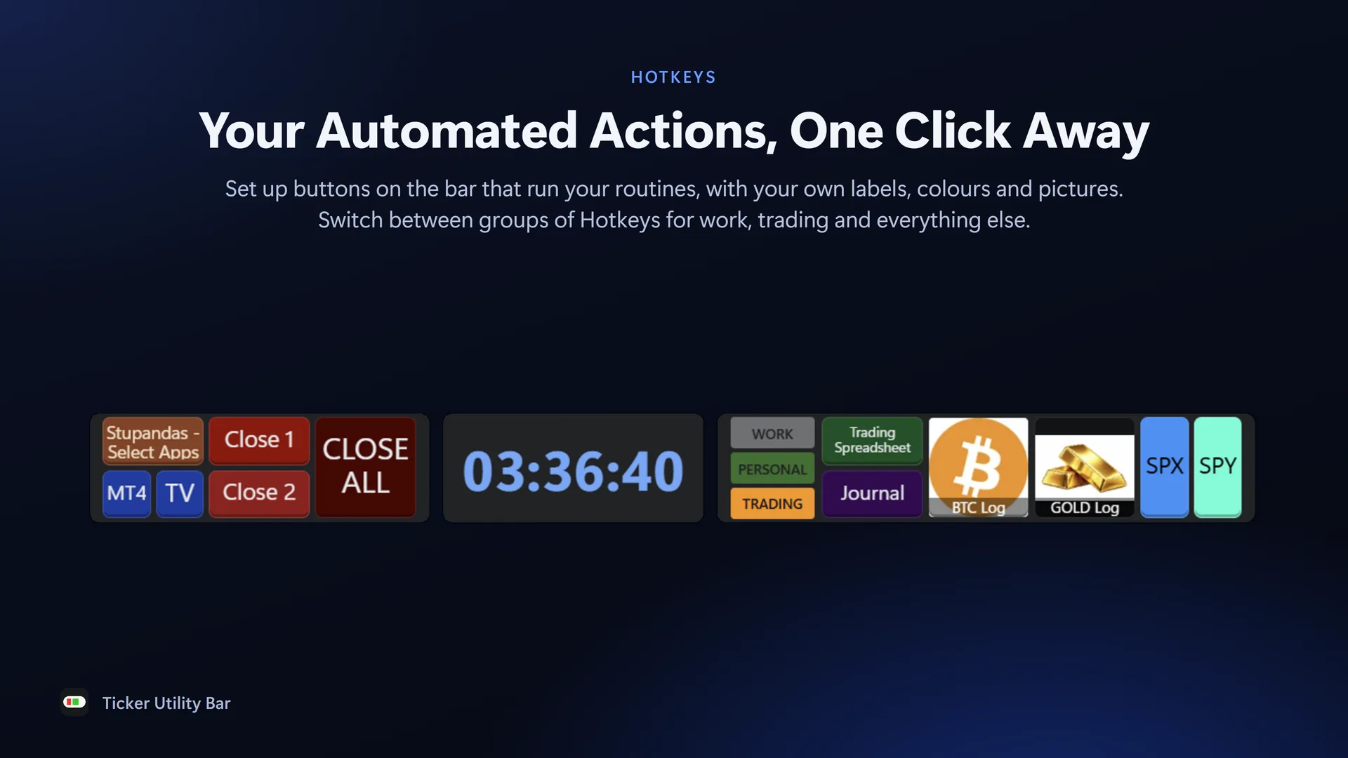 Hotkey buttons on the bar with custom labels, colours and pictures