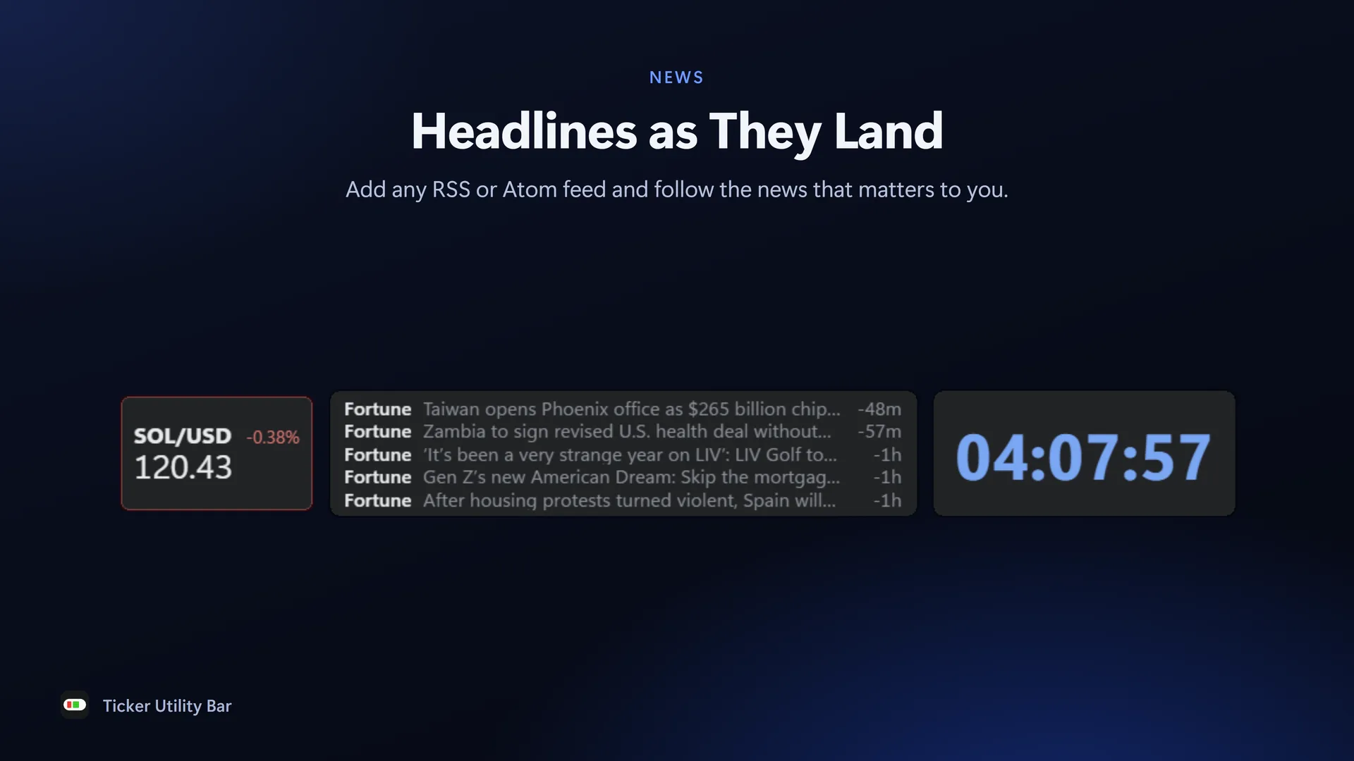 News headlines on the bar beside a ticker and the countdown