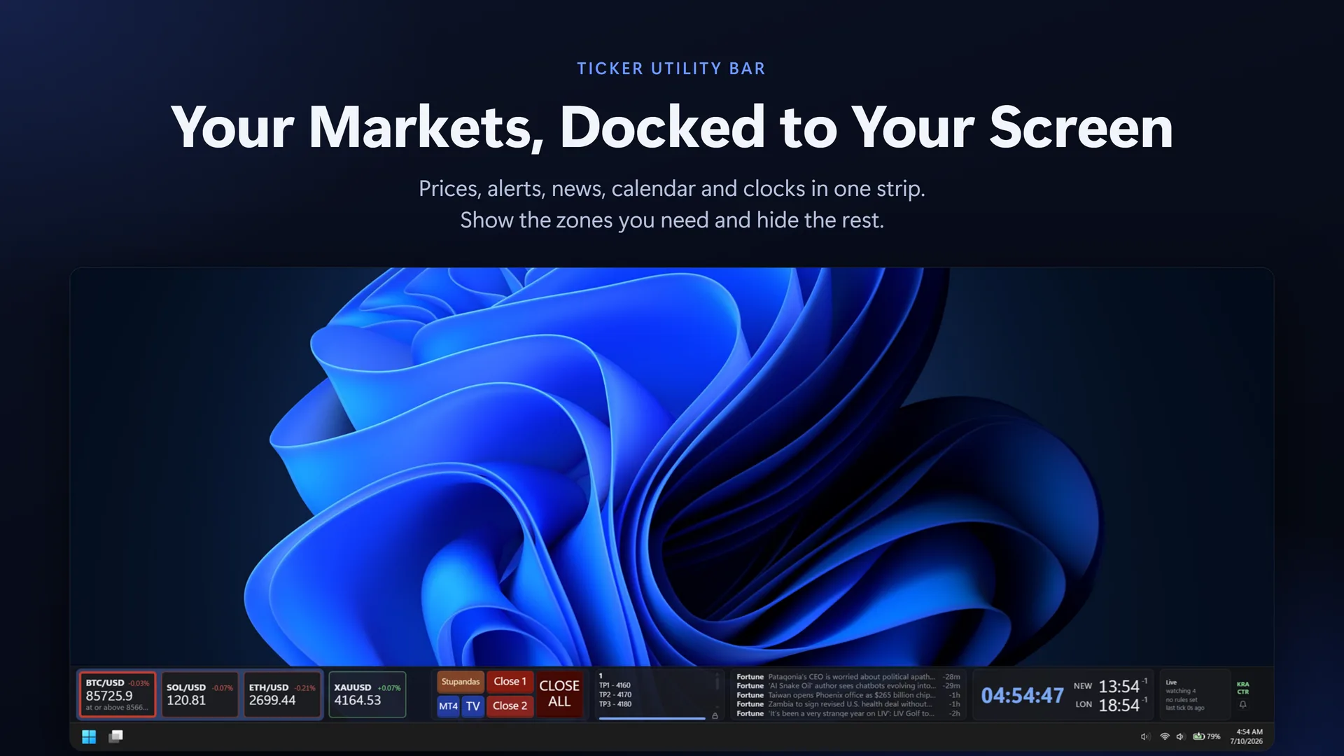 The Ticker Bar docked along the bottom of a Windows desktop